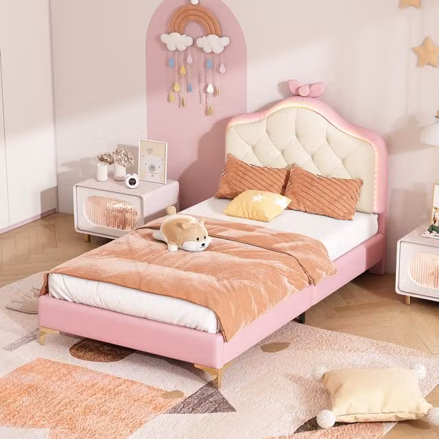 Letto Imbottito Aosom Italy con Testiera con Fiocco e Striscia LED, Rivestimento in PU, Bianco e Rosa, 90x200 cm