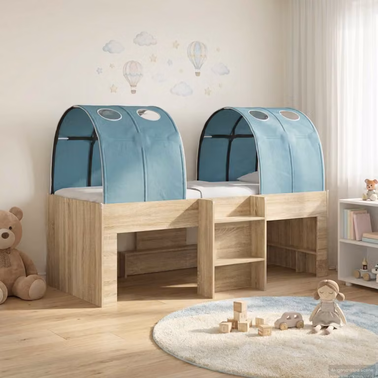 vidaXL Letto Alto per Bambini con Tunnel in Legno e Tessuto, Colore Blu, Beige e Marrone, L: 203 cm, P: 120 cm, H: 111 cm