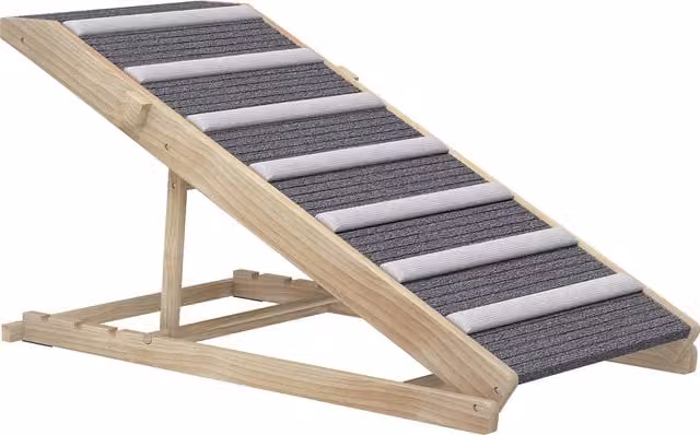 Rampa per cani PawHut in legno di pino con tappetino antiscivolo, pieghevole e con altezza regolabile da 35 a 50 cm, colore marrone e grigio