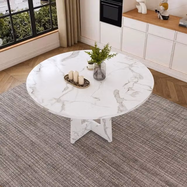 Tavolo rotondo moderno REDOM in MDF con effetto marmo bianco, Diametro: 120 cm, Altezza: 76 cm