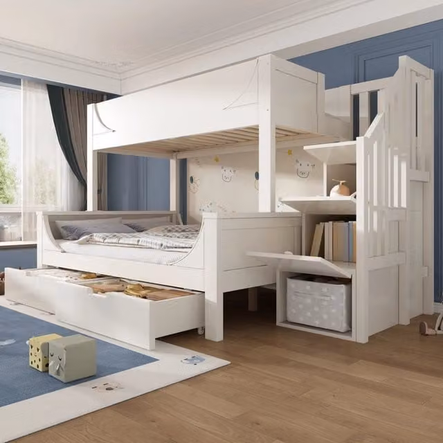 Letto a castello in legno bianco con scala, cassetti e rete a doghe, con letto superiore 90x200 cm e letto matrimoniale inferiore 140x200 cm