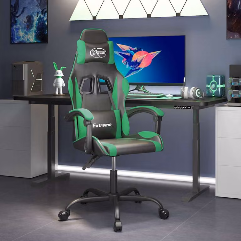 Sedia da Gaming Girevole vidaXL in Similpelle Nera e Verde con Poggiatesta e Braccioli