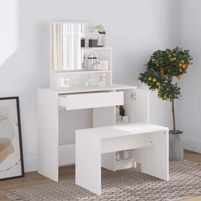 Set Tavolo da Toeletta vidaXL Bianco L: 86,5 cm, P: 35 cm, H: 136 cm