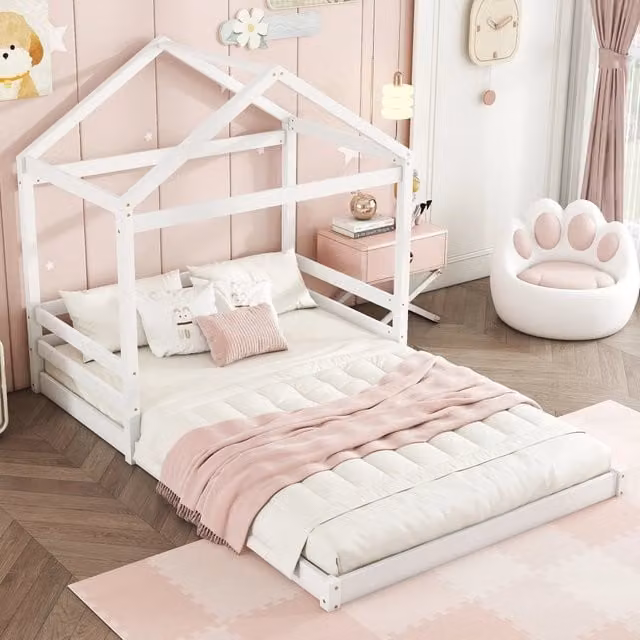 Letto a casetta per bambini WISHDOR in legno di pino e MDF bianco con rete a doghe L/P/H: 140 x 200 cm