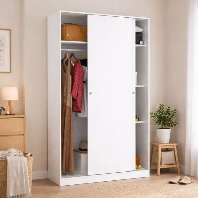 Armadio Alyson DMORA per camera da letto con 2 ante scorrevoli, Bianco lucido, L: 120 cm, P: 50 cm, H: 204 cm