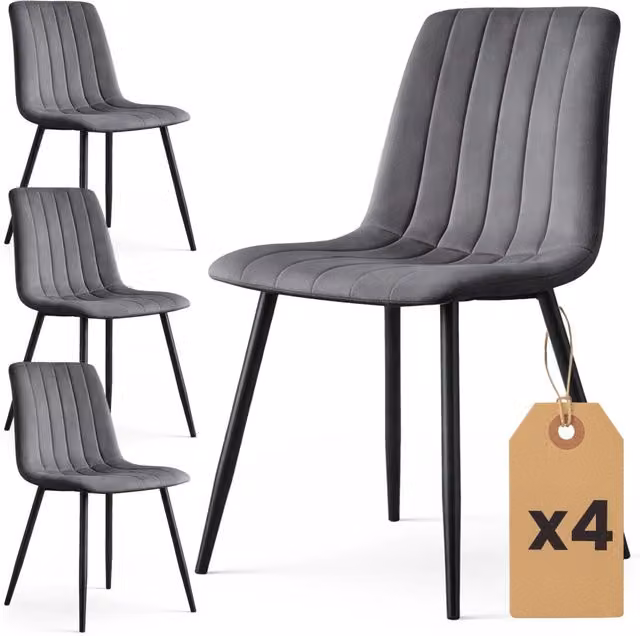 Set di 4 sedie LIVO in velluto trapuntato colore grafite scuro con gambe in metallo nero per sala da pranzo e cucina