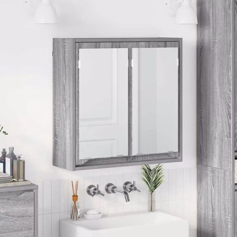 Mobiletto per specchio da bagno vidaXL Grigio Sonoma con ante in vetro e specchio, L: 60 cm, P: 20 cm, H: 60 cm