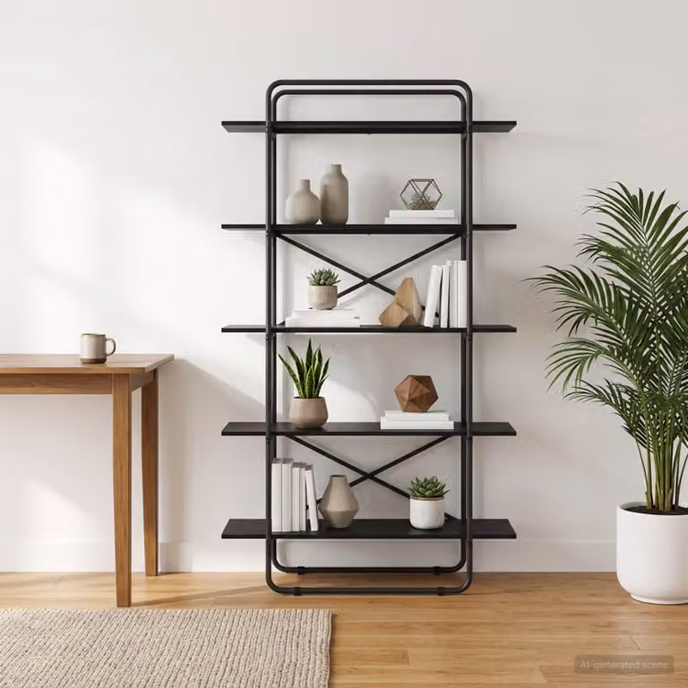 Libreria vidaXL a 5 livelli in stile industriale con struttura in metallo e MDF, colore nero, L 100 x P 35 x H 175,5 cm
