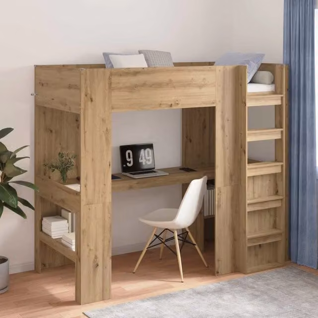vidaXL Struttura letto a castello con scrivania e scompartimenti laterali in legno Rovere, H: 175.0 cm, L: 203.0 cm, P: 93.0 cm