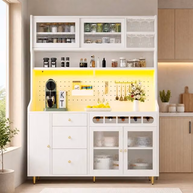 Mobile colonna da cucina Mivray bianco con ante in vetro, illuminazione integrata e portabottiglie, L/P/H: 145 x 39 x 171 cm