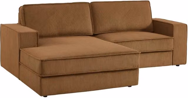 Divano angolare sinistro SWEEEK in velluto a coste marrone, 3 posti, con struttura in legno massello e cuscini decorativi inclusi, L/P/H: 231 x 156 x 83 cm