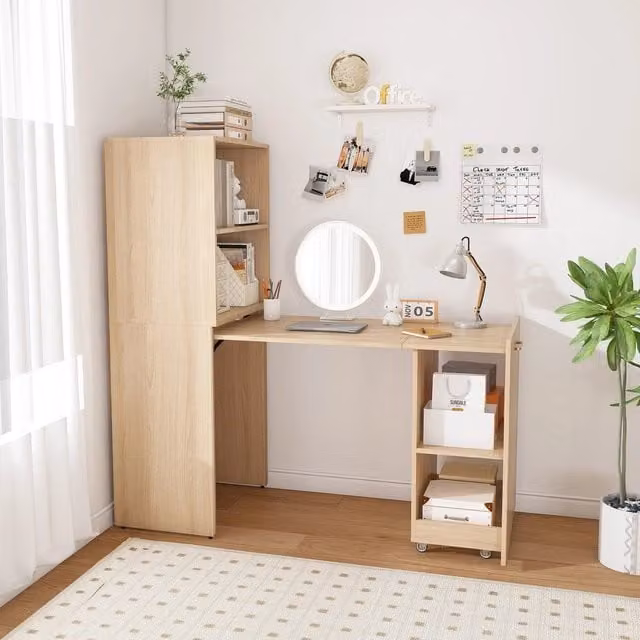 Scrivania salvaspazio Minimal con cassetti e ripiani regolabili in Rovere chiaro L: 90 cm, P: 50 cm, H: 75 cm