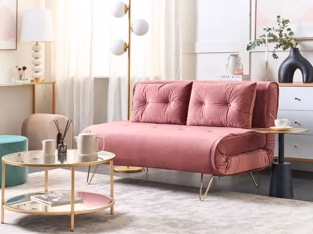 Divano Letto Click Clack Beliani in Velluto Rosa con Cuscini e Struttura in Metallo