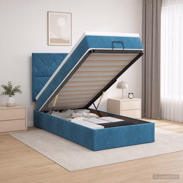 Letto Ottomano vidaXL con Materasso Ibrido e Illuminazione LED sotto il letto, Rivestimento in Velluto Blu e Bianco, L/P/H: 190 x 90 x 88 cm