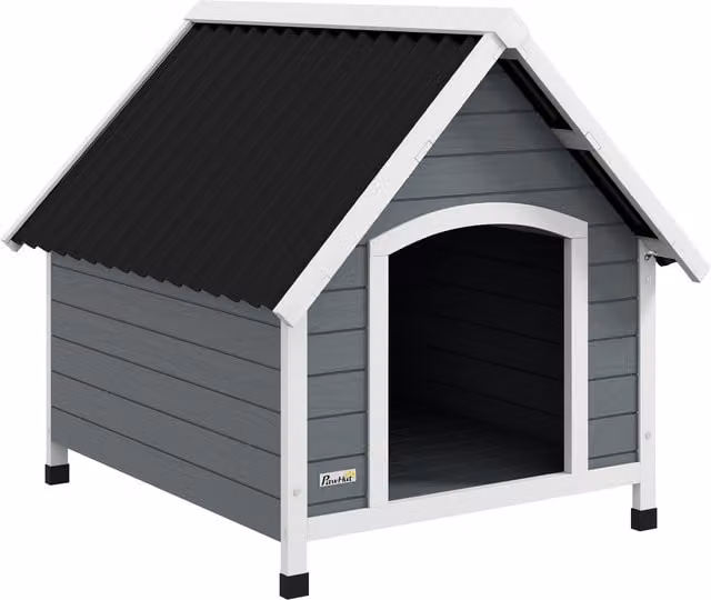 Casetta per cani PawHut in legno grigio per esterni con pavimento rimovibile L 84 cm x P 99 cm x H 87 cm