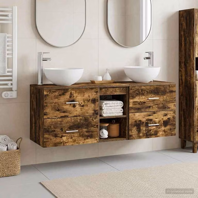 Set di 3 armadi da bagno vidaXL in legno e metallo marrone, design minimalista, L 129 cm x P 35 cm x H 80 cm
