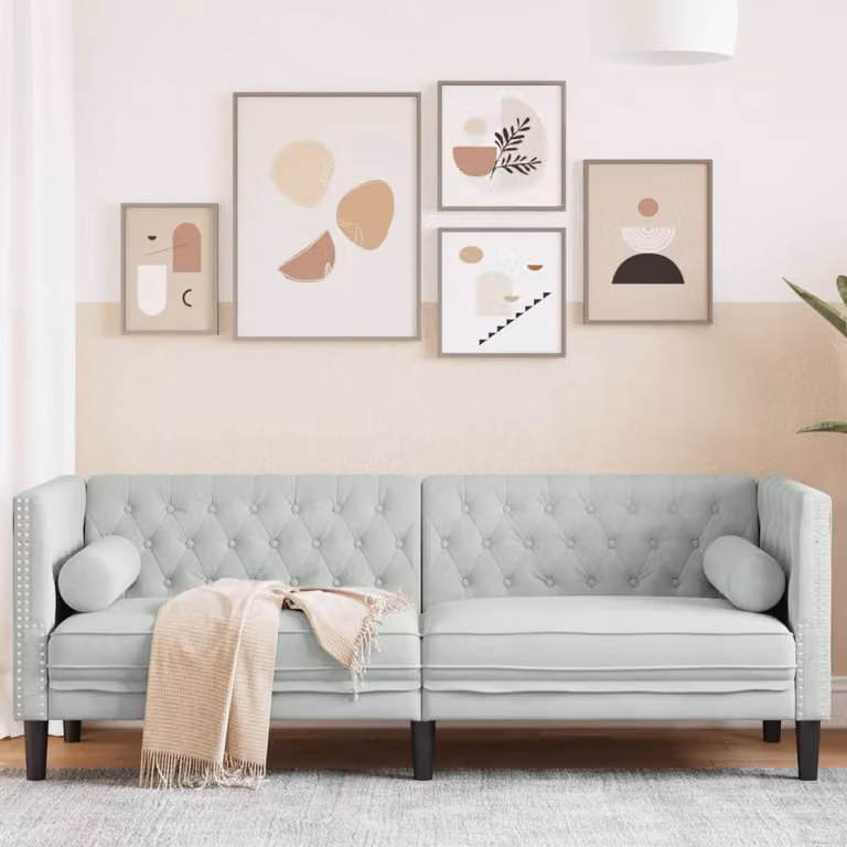 vidaXL Divano Chesterfield a 3 posti in velluto grigio con cuscini inclusi L: 194,0 cm, P: 74,5 cm, H: 70,5 cm