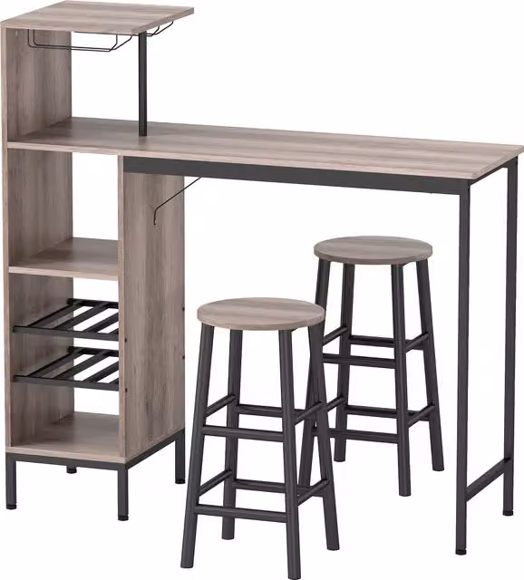 Set tavolo da bar HOMCOM in stile industriale con 2 sgabelli e ripiani portaoggetti, Grigio