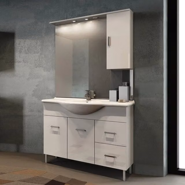 Mobile bagno moderno Venice bianco lucido con lavabo, specchio con illuminazione LED e presa per rasoio, L: 105 cm, P: 50 cm, H: 190 cm
