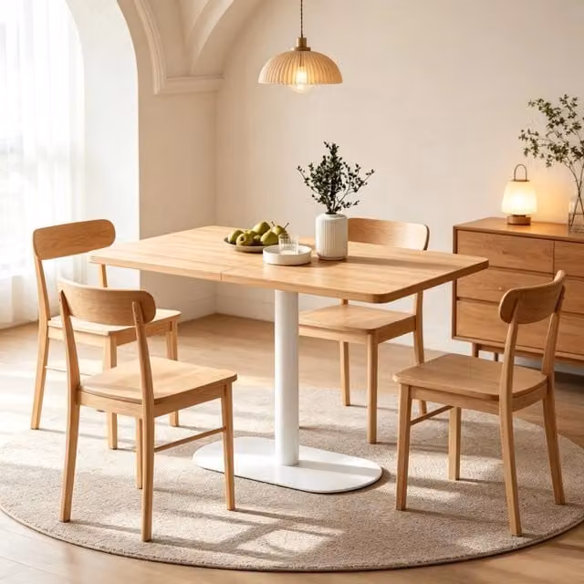 Tavolo da pranzo rettangolare moderno Mivray con base a colonna centrale, piano in laminato bianco e marrone, L: 120 cm, P: 70 cm, H: 75 cm