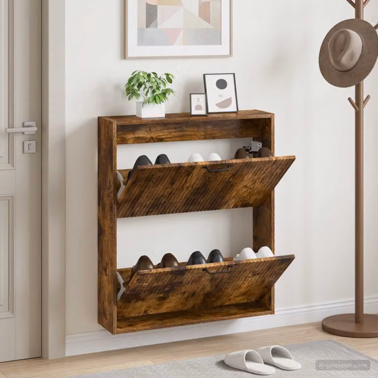 Mobiletto per scarpe da muro vidaXL HOORN in rovere fumo, design moderno con scomparti basculanti, L: 71 cm, P: 17 cm, H: 86 cm