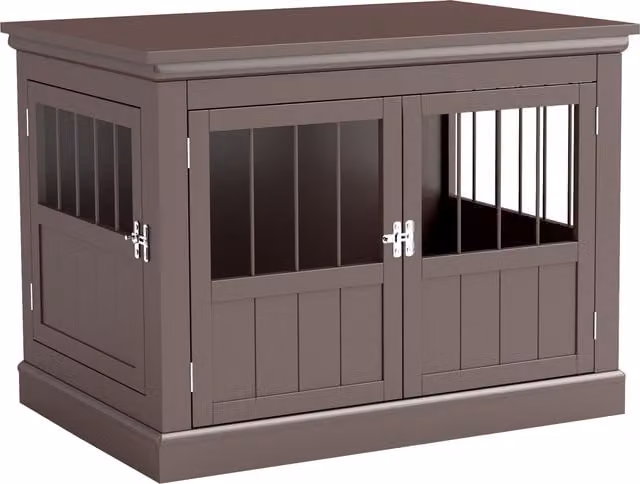 PawHut Gabbia per Cani Piccoli con Tavolino Moderno e 3 Porte alla Francese con Chiusura Magnetica, Colore Caffè, L: 78 cm, P: 53 cm, H: 59,3 cm