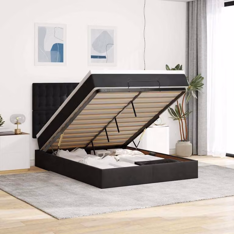 Letto con contenitore a sollevamento vidaXL in velluto nero con illuminazione sottostante e porte USB, L/P/H: 200 x 140 x 128 cm