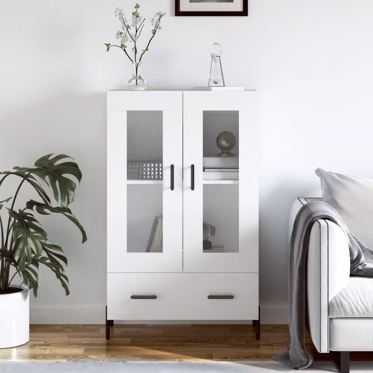 Credenza moderna vidaXL bianca con ante in vetro e cassetti, L: 69,5 cm, P: 31 cm, H: 115 cm