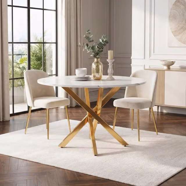 Tavolo da pranzo rotondo MIVRAY con piano effetto marmo bianco lucido e gambe incrociate dorate in MDF e metallo L/P: 80 x 80 cm