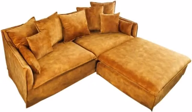 Divano ad angolo Meublorama KALIA in velluto giallo, modello moderno con angolo reversibile e cuscini inclusi