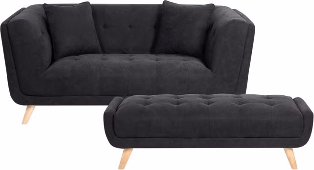 Divano a due posti BELIANI in tessuto nero con poggiapiedi coordinato e cuscini decorativi stile retrò L: 176 cm, P: 78 cm, H: 72 cm