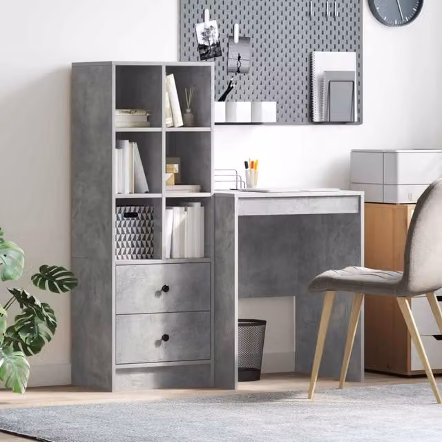 Set di 2 scrivanie moderne con scaffali vidaXL in MDF laminato, colore grigio, L: 105,5 cm, P: 50 cm, H: 127 cm