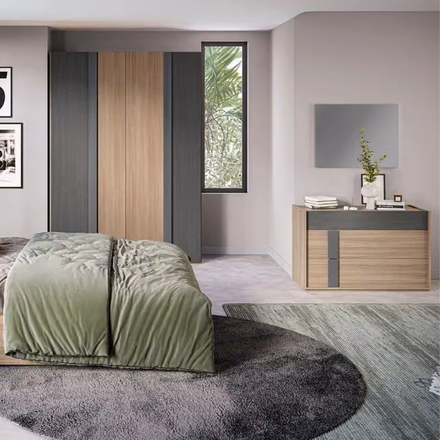 Set camera da letto moderna Faba Tezeta in legno noce e grigio con armadio a 4 ante e letto contenitore 160x200 cm