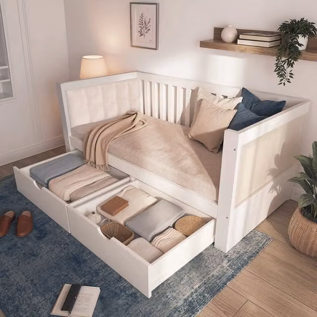 Daybed moderno in legno bianco con struttura imbottita in velluto e 2 cassetti, L/P: 190 x 90 cm