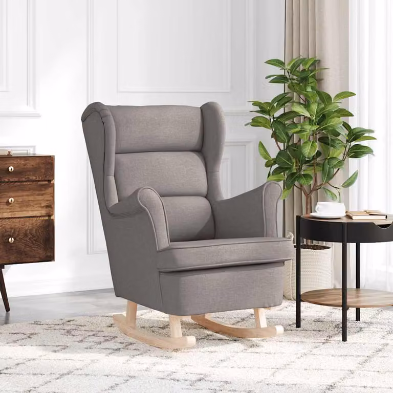 Sedia a dondolo vidaXL in tessuto beige e grigio con struttura in legno di gomma L: 74 cm, P: 90 cm, H: 102 cm