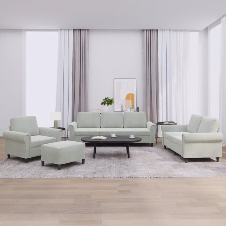Set di divani vidaXL da 4 pezzi in velluto grigio con cuscini e pouf per soggiorno