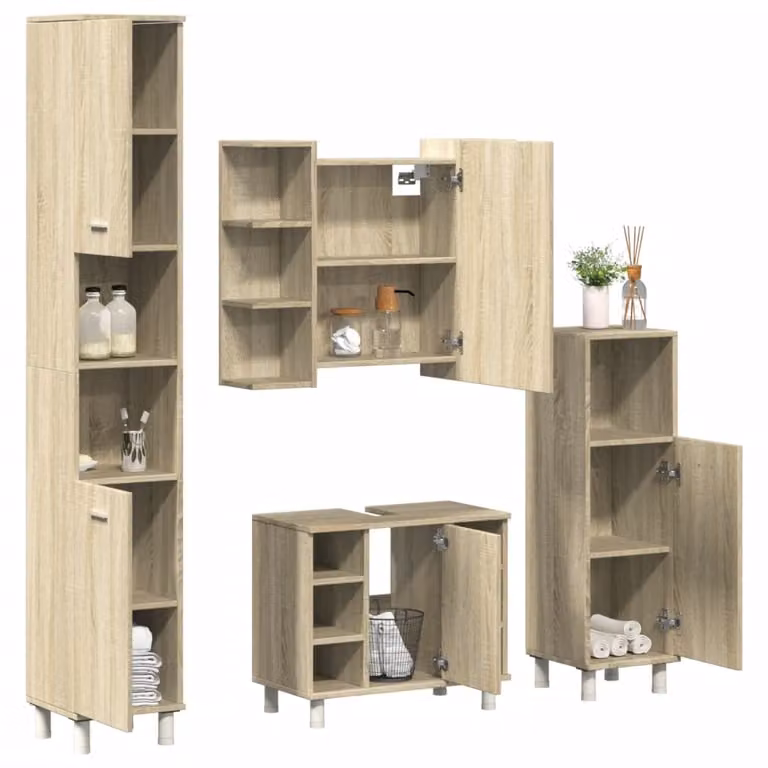 Set di mobili da bagno moderno vidaXL in legno multistrato, colore beige e marrone, composto da armadietto con specchio, armadietto laterale e colonna alta