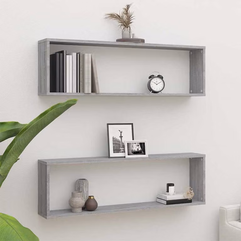 Set di 2 mensole a cubo vidaXL da parete in legno ingegnerizzato, colore grigio Sonoma, L 100 cm x P 30 cm x H 15 cm