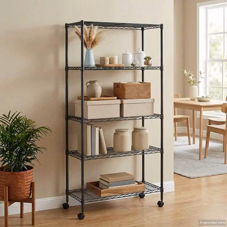vidaXL Scaffale a 5 Livelli con Ruote in Metallo Nero con Ripiani Regolabili L: 75 cm, P: 35 cm, H: 155 cm