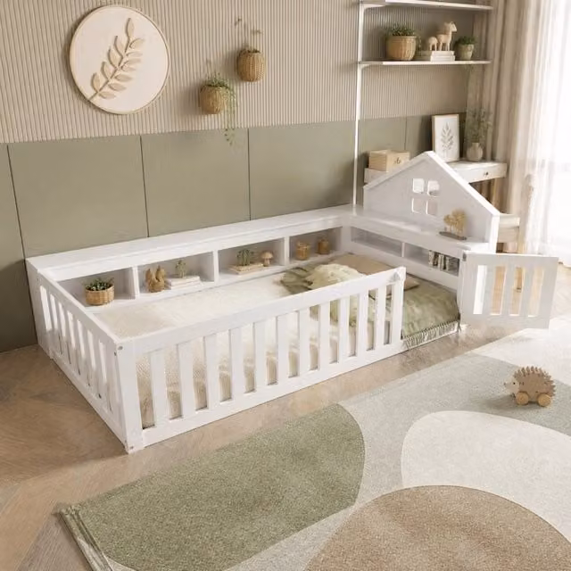 Letto a casetta Mivray per bambini in legno bianco con vani portaoggetti e rete a doghe L/P/H: 222.6 x 90 x 120 cm