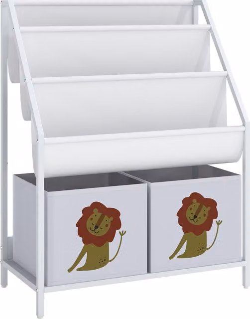 Libreria Montessori AIYAPLAY per bambini dai 3 ai 8 anni con 4 ripiani, 2 contenitori e stampa leone, bianco Aosom Italy