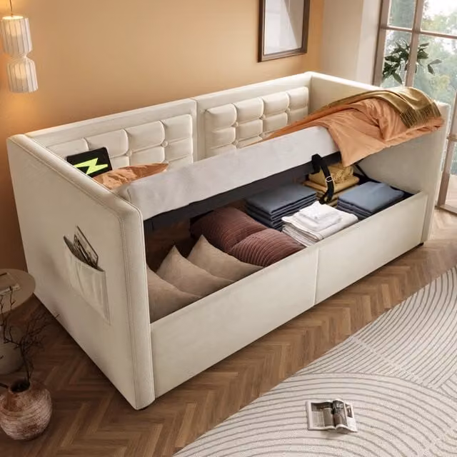 Letto divano singolo OKWISH in velluto beige con contenitore idraulico e porte di ricarica USB e Type-C, L/P/H: 90 x 200 x 75 cm