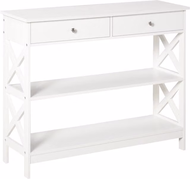 Consolle da ingresso moderna HOMCOM con 2 cassetti e 2 mensole, mobile da soggiorno in MDF bianco, L 100 x P 30,5 x H 80 cm