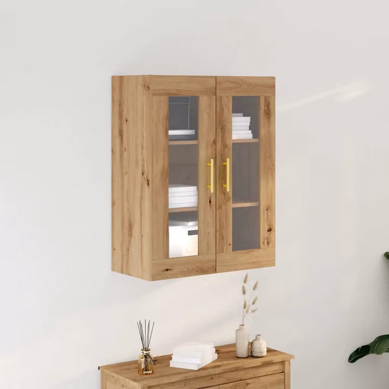vidaXL Armadietto a muro moderno in rovere con ante in vetro e ripiani interni, marrone, L: 69,5 cm, P: 34 cm, H: 90 cm