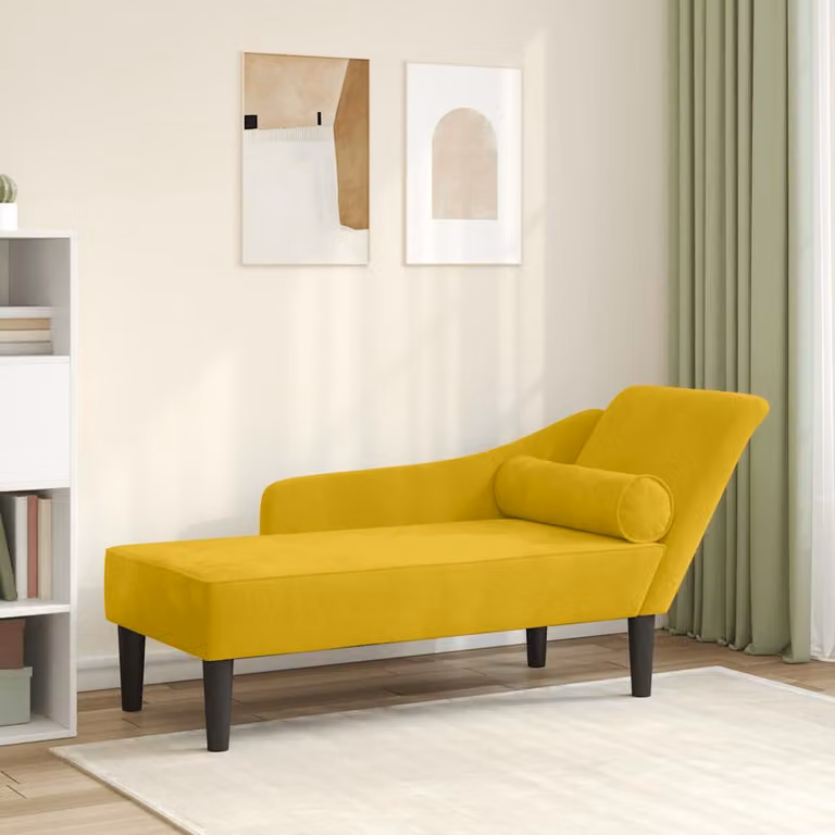 Chaise Longue vidaXL in Velluto Giallo con Cuscini e Struttura in Legno Massello L/P/H: 141 x 55,5 x 66,5 cm
