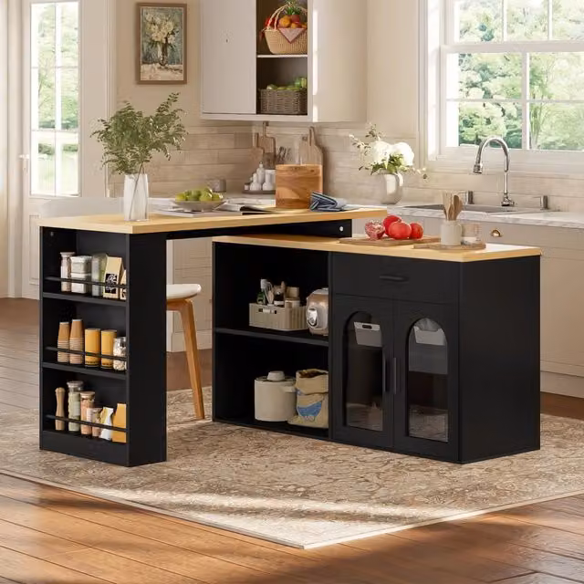 Isola cucina Vovees Living con tavolo girevole 360 e ante in vetro, finitura nero e legno naturale, L 136 cm