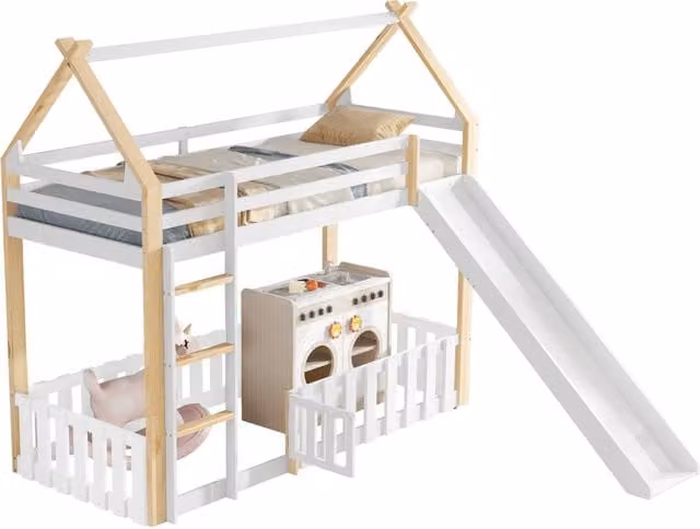 Letto a castello per bambini REDOM con scivolo e struttura a casetta, bianco e naturale, L 200 cm x P 90 cm