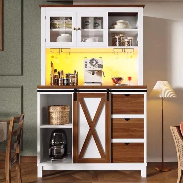 Mobile da cucina MIVRAY bianco con ante scorrevoli in vetro, ripiani regolabili e illuminazione LED controllabile via app, L: 104 cm, P: 40 cm, H: 180 cm