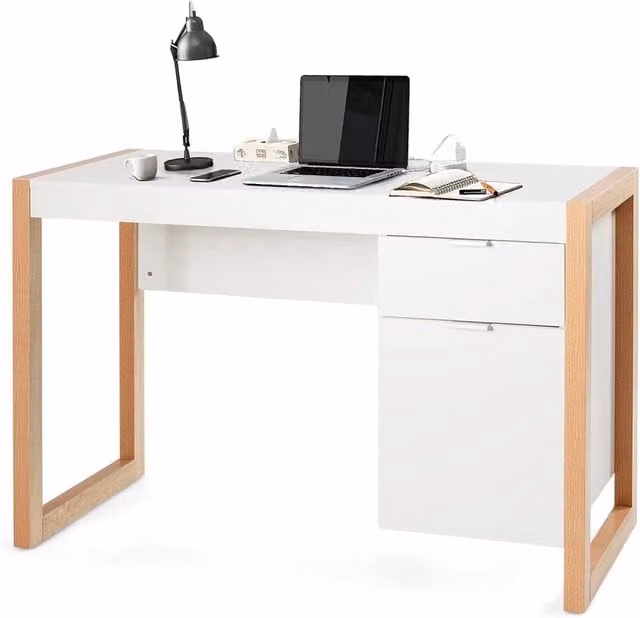 Scrivania Moderna per Computer COSTWAY Bianca con Armadietto e Cassetto in MDF e Metallo per Home Office
