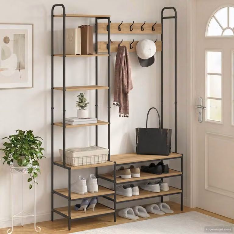 vidaXL Appendiabiti con panca per scarpe in stile industriale, colore marrone, L: 120,5 cm, P: 34 cm, H: 190 cm